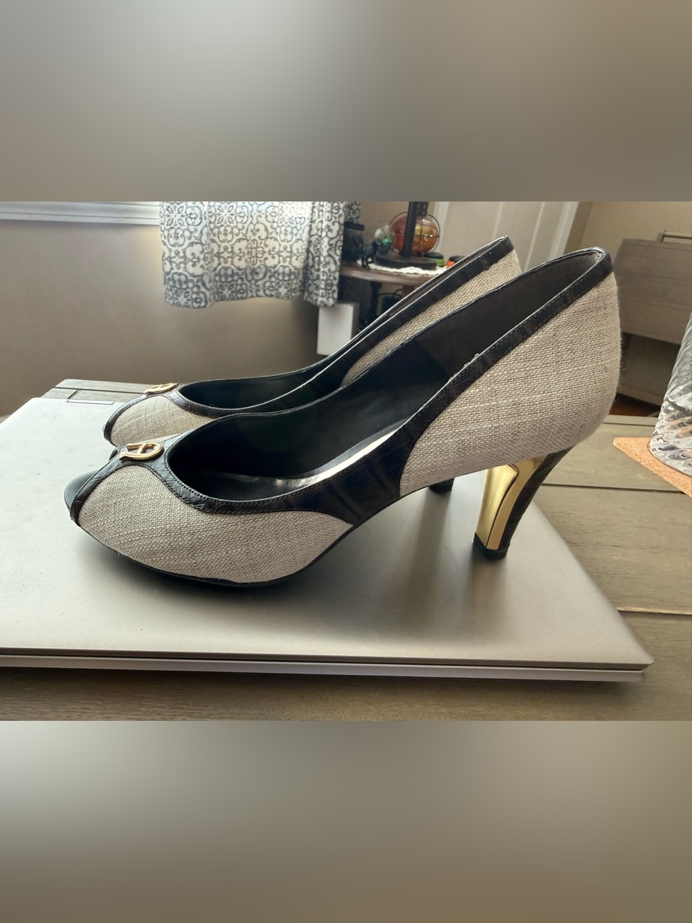 Etienne Aigner Beige and Black Pumps with Gold Heel